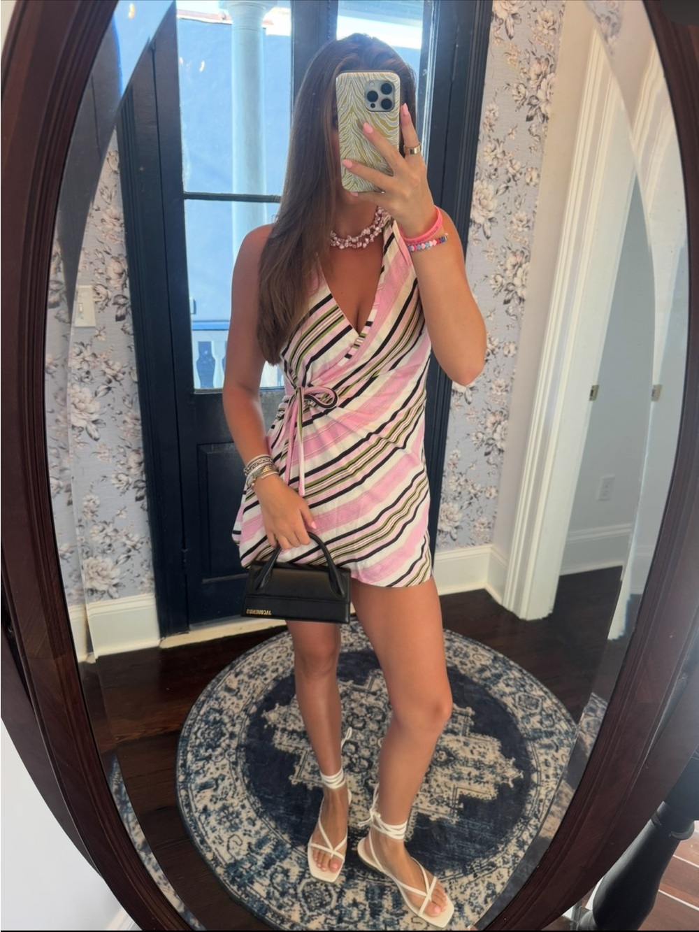 ASOS Pink and Black Striped Wrap Mini Dress